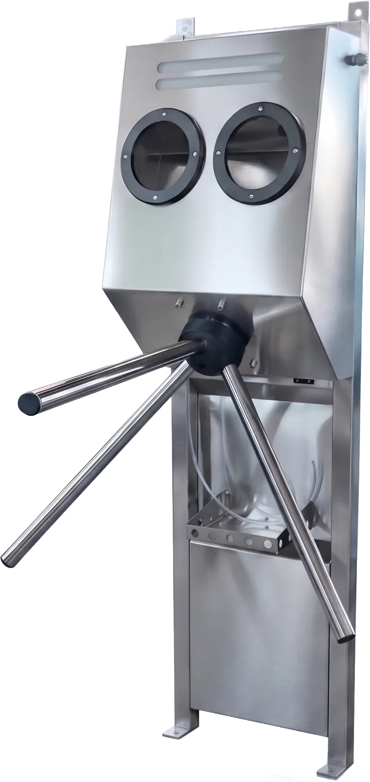Layout of the dual-hand unit and three-arm access mechanism on the DSE hand-disinfection turnstile
