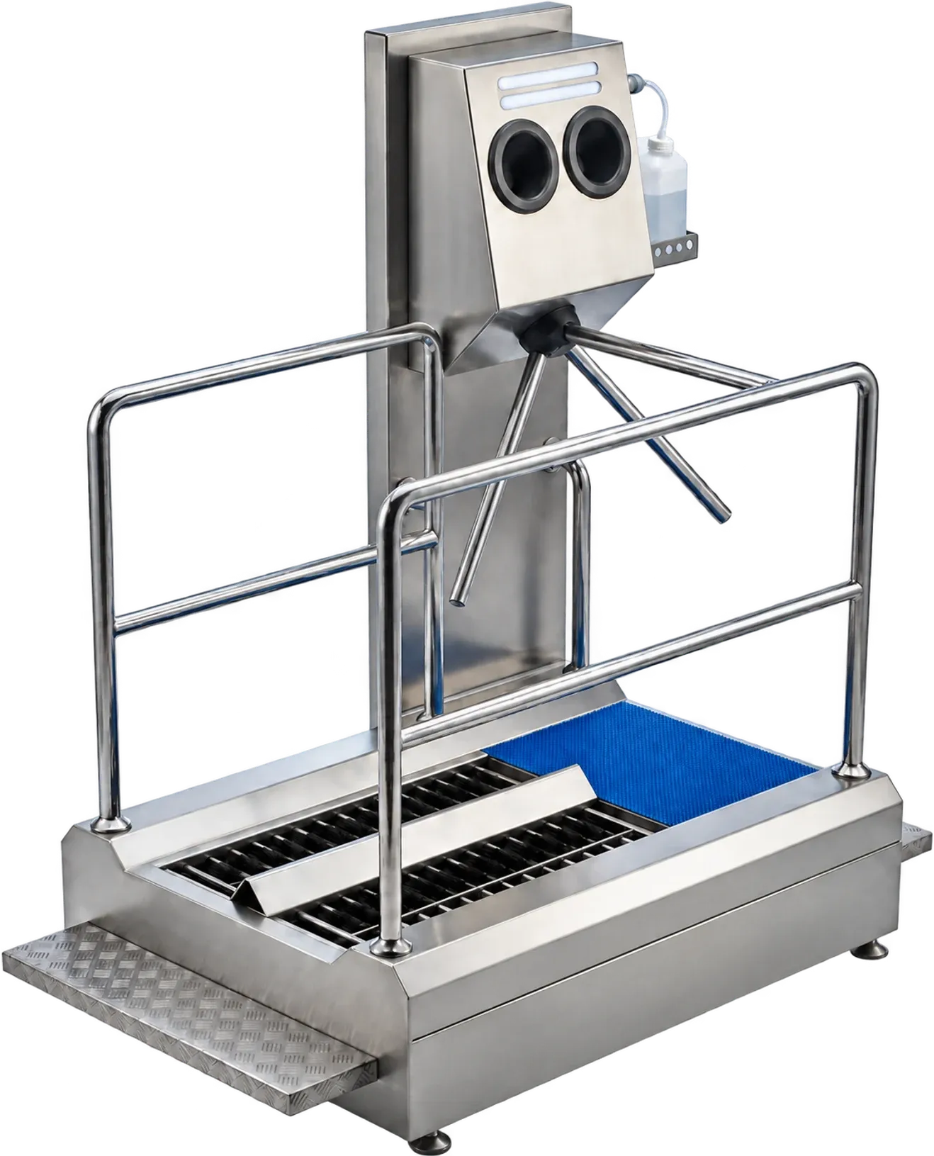Layout of hand disinfection, turnstile, sole brushes and mat on the DSE-B hygiene station
