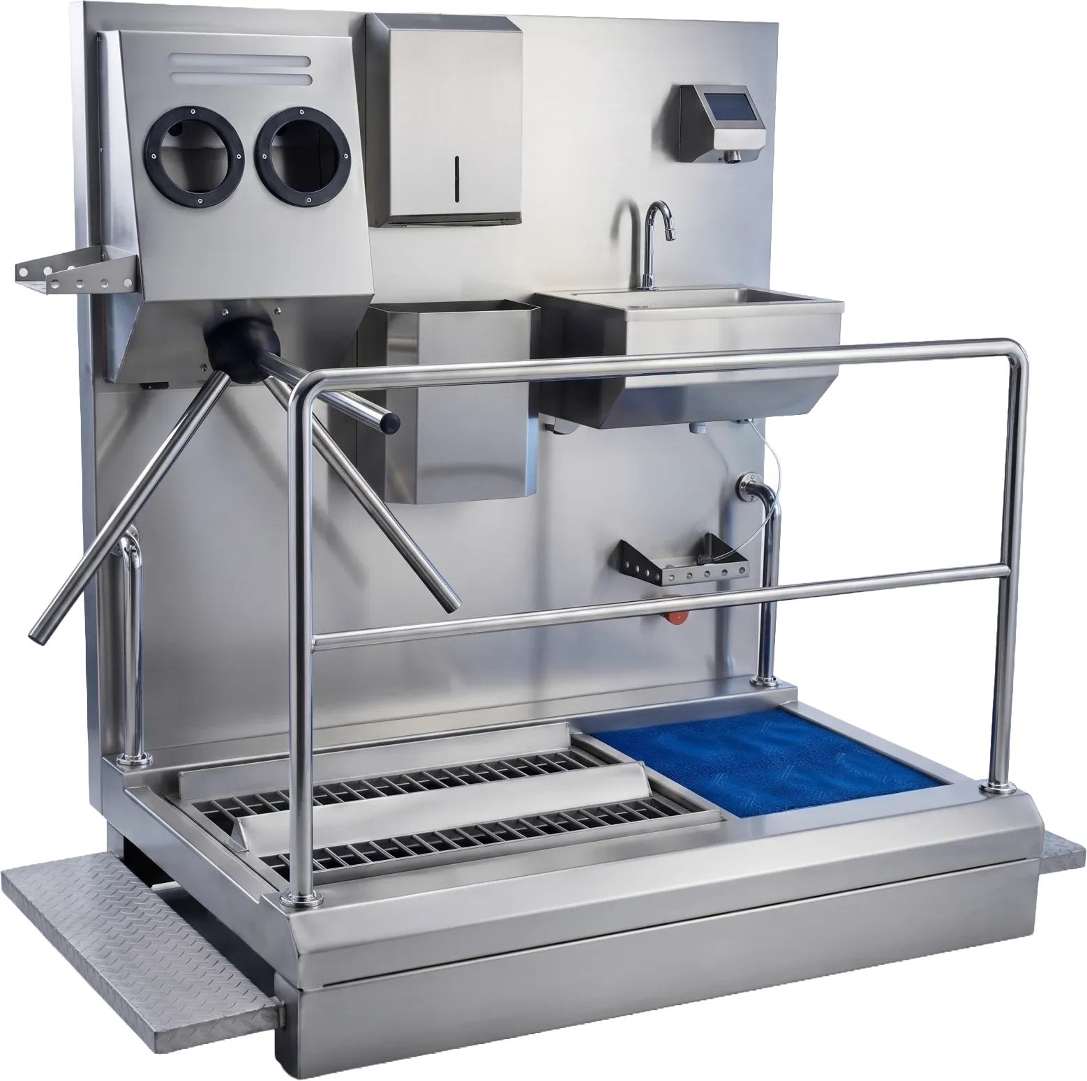 Layout of the sink, hand disinfection, turnstile and sole brushes on the DSE-EB hygiene station