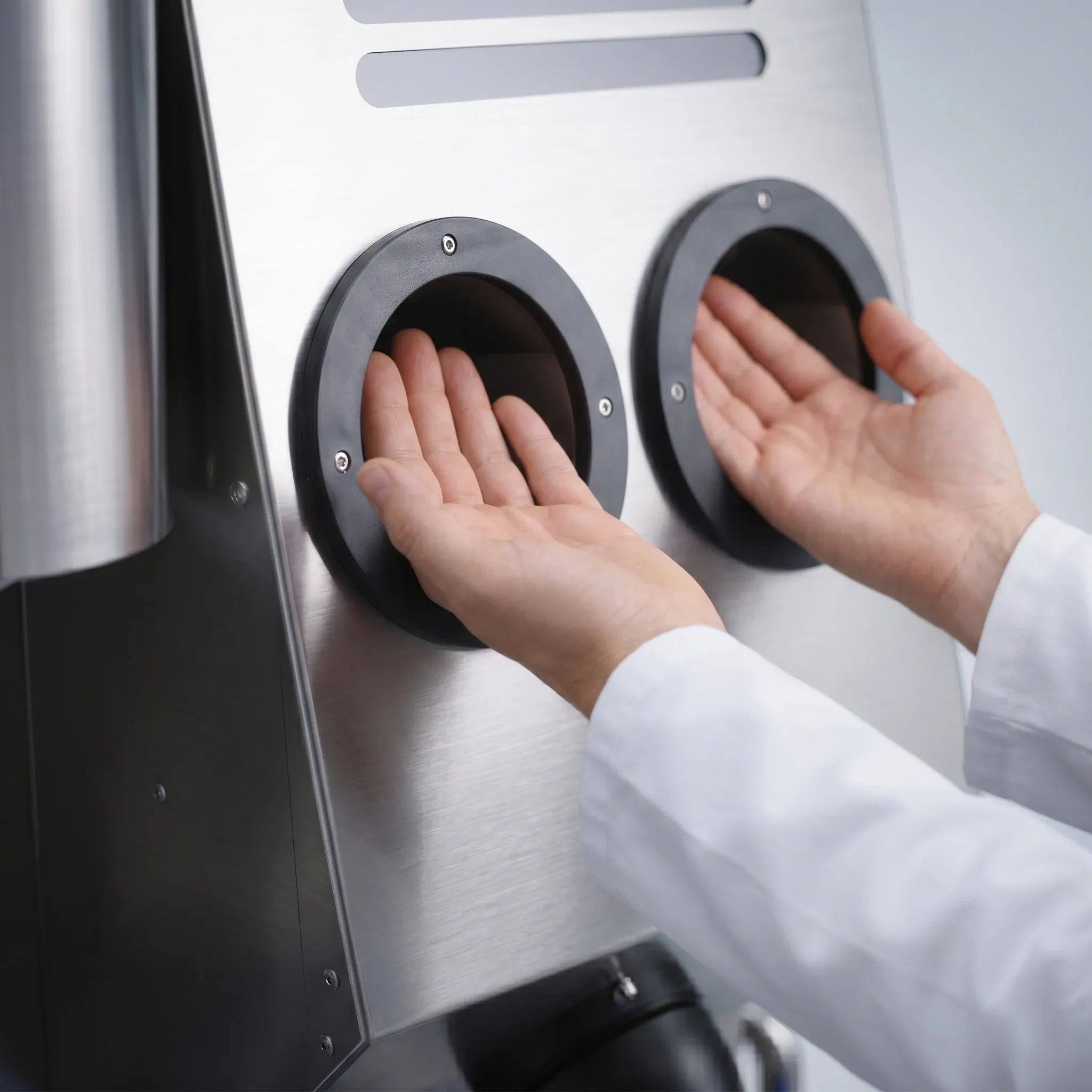 Hands placed into touchless hand-disinfection ports