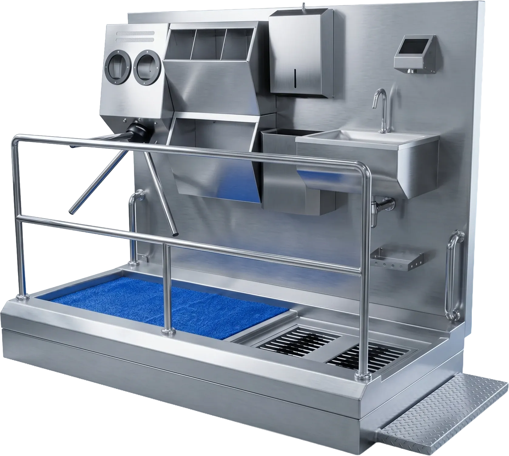 Layout of the sink, PPE dispensers, turnstile, mat and sole brushes on the HGB-L hygiene station