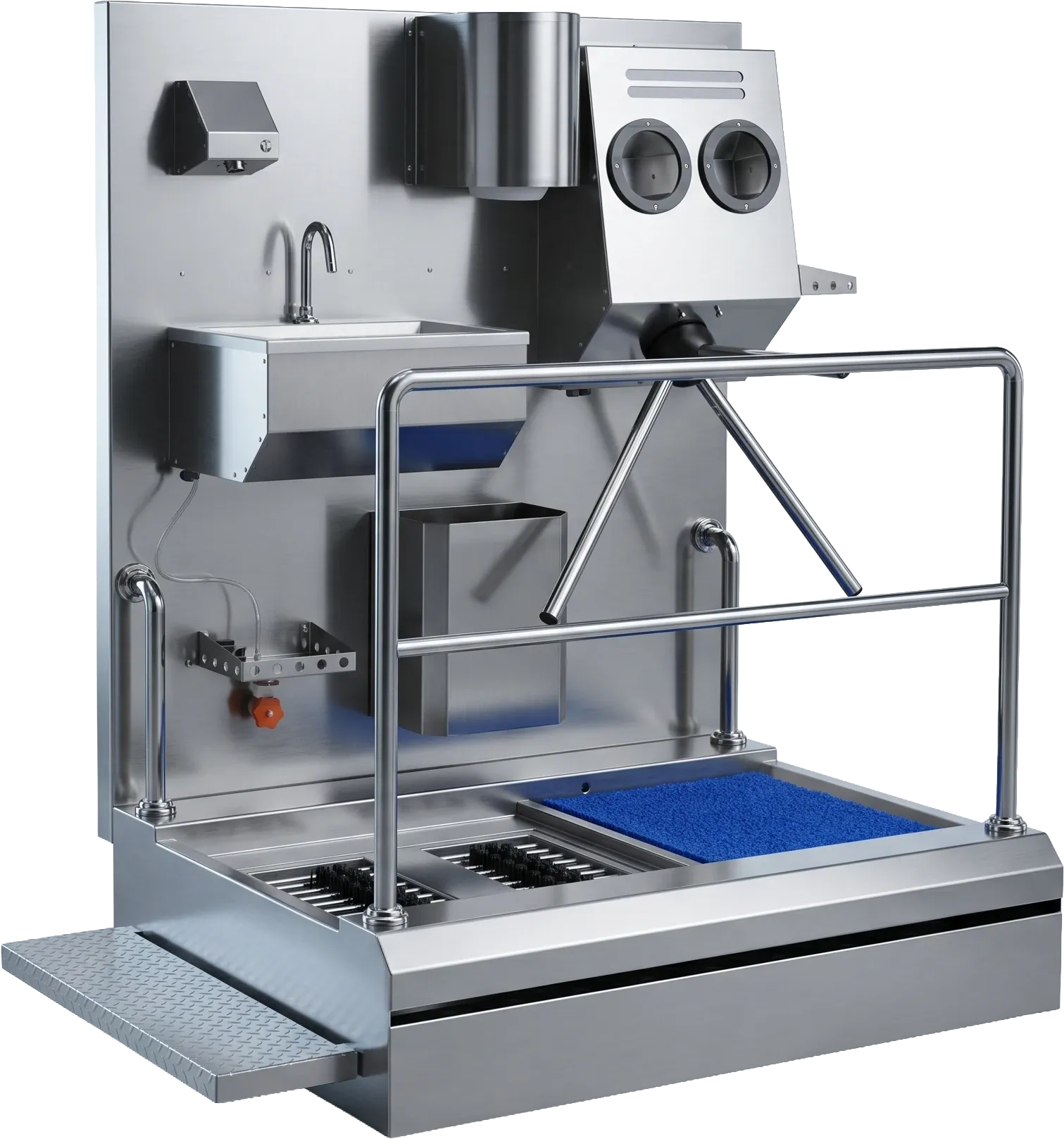 Layout of the sink, hand disinfection, turnstile and brush platform on the HGB-M hygiene station