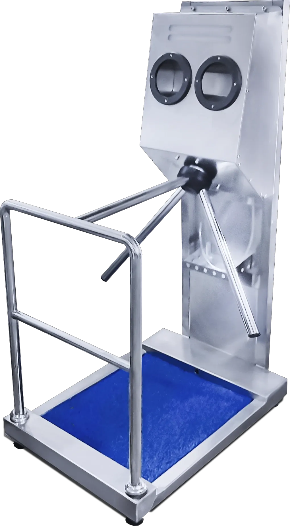 Layout of hand disinfection, turnstile and blue-mat footbath on the HGE hygiene station