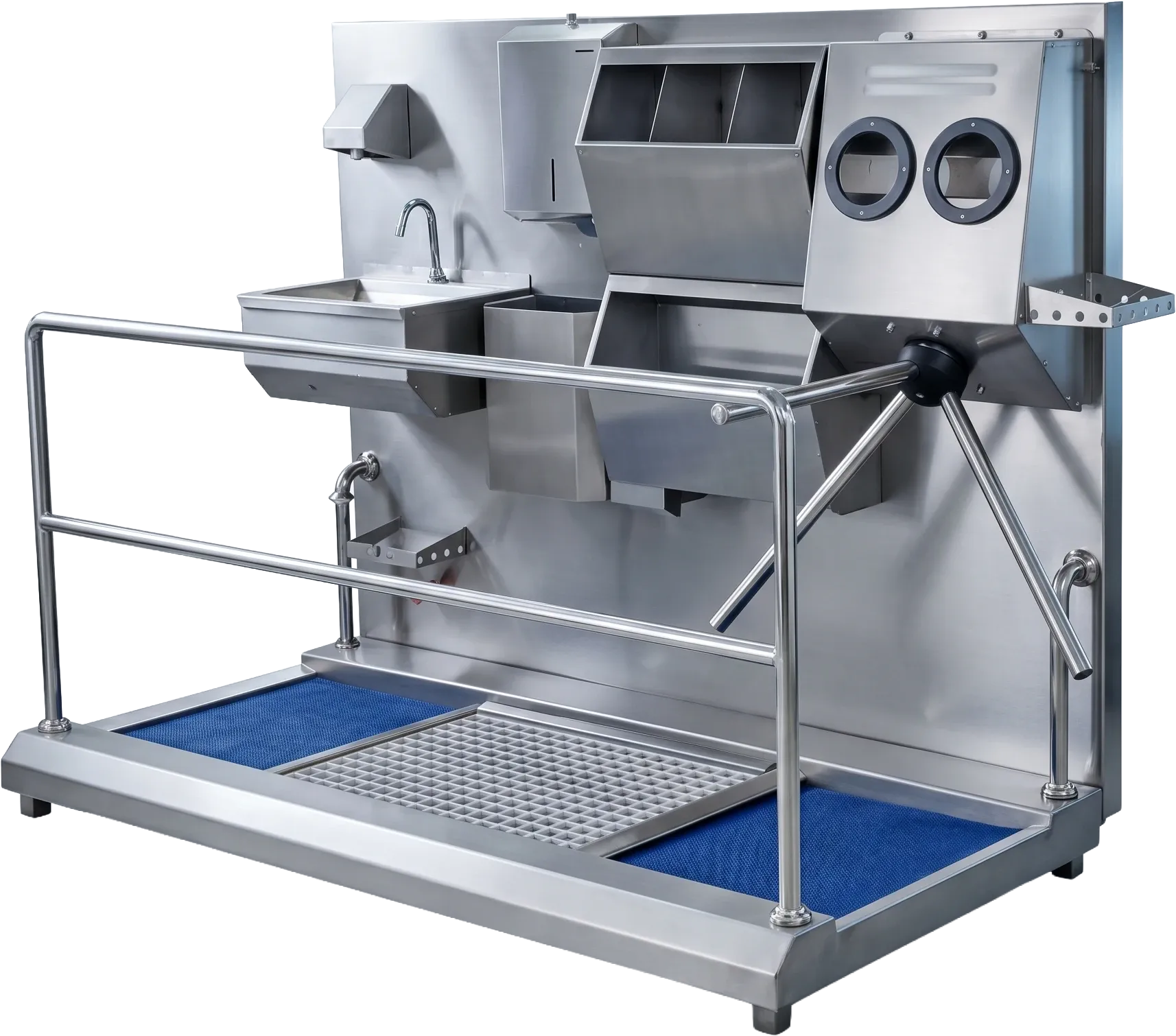 Layout of the sink, PPE dispensers, turnstile and grated footbath on the HGE-L hygiene station
