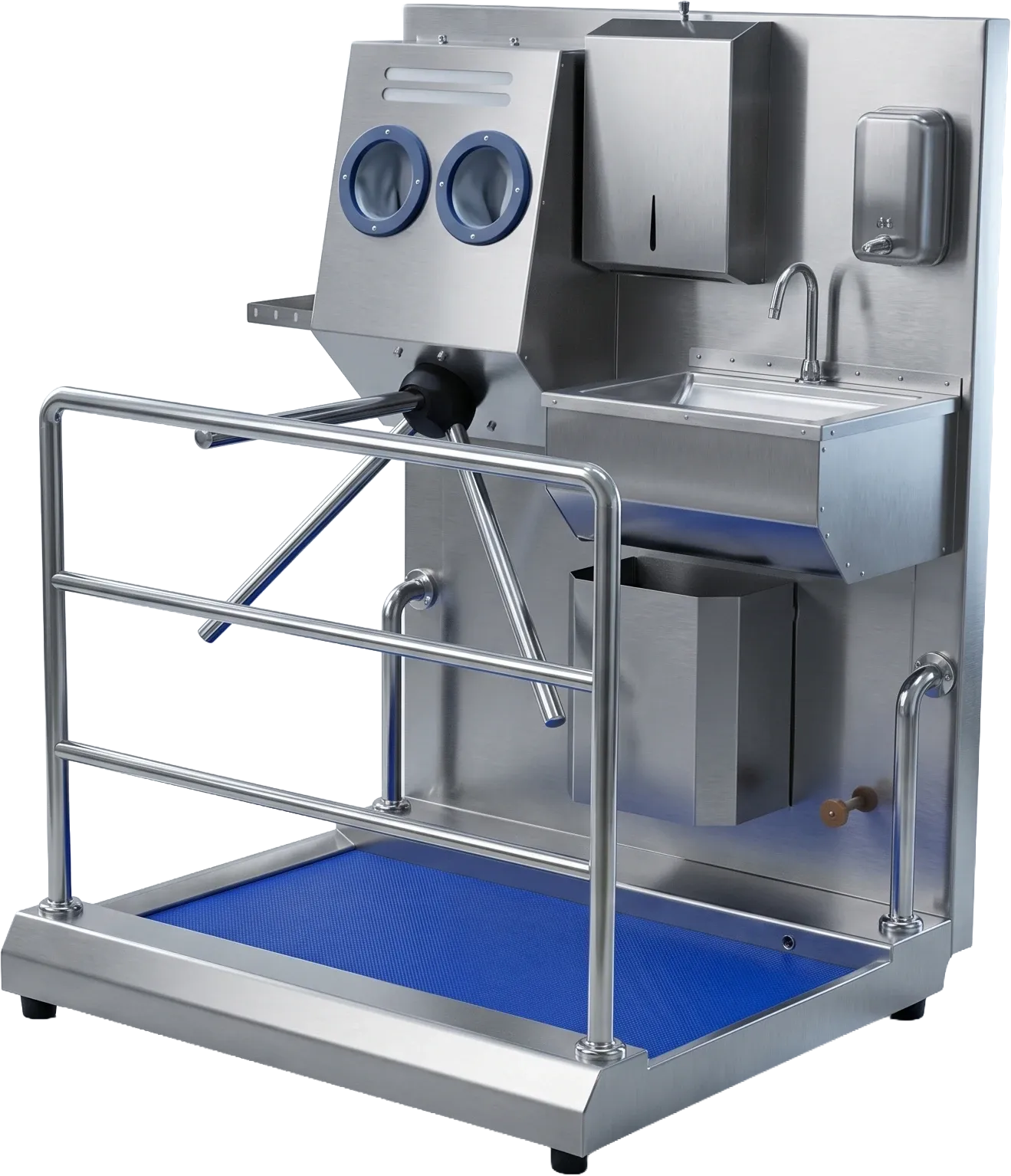 Layout of the sink, hand disinfection, turnstile and mat-lined footbath on the HGE-M hygiene station