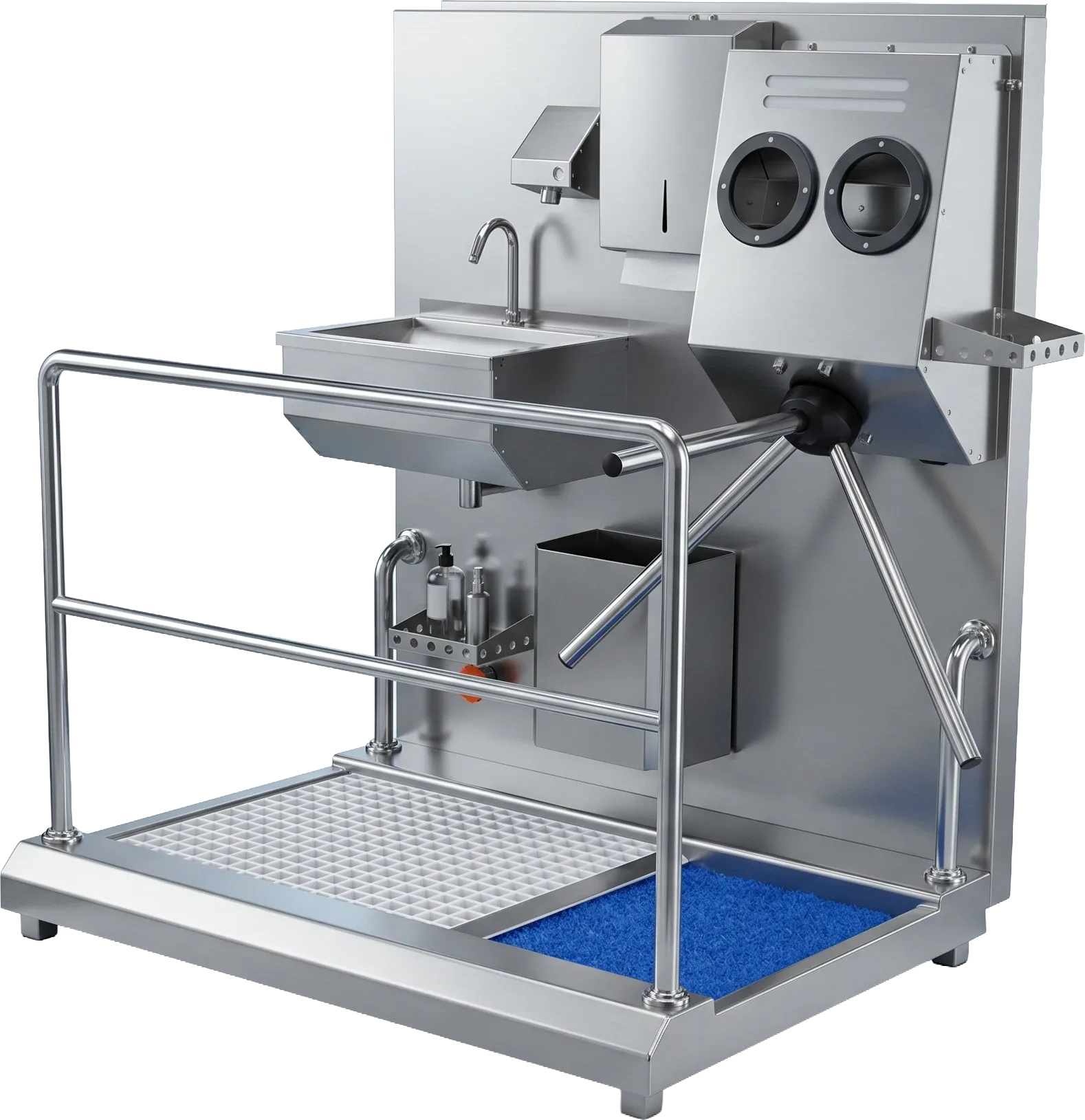 Layout of the sink, hand disinfection, turnstile and white-grated footbath on the HGE-M1 hygiene station