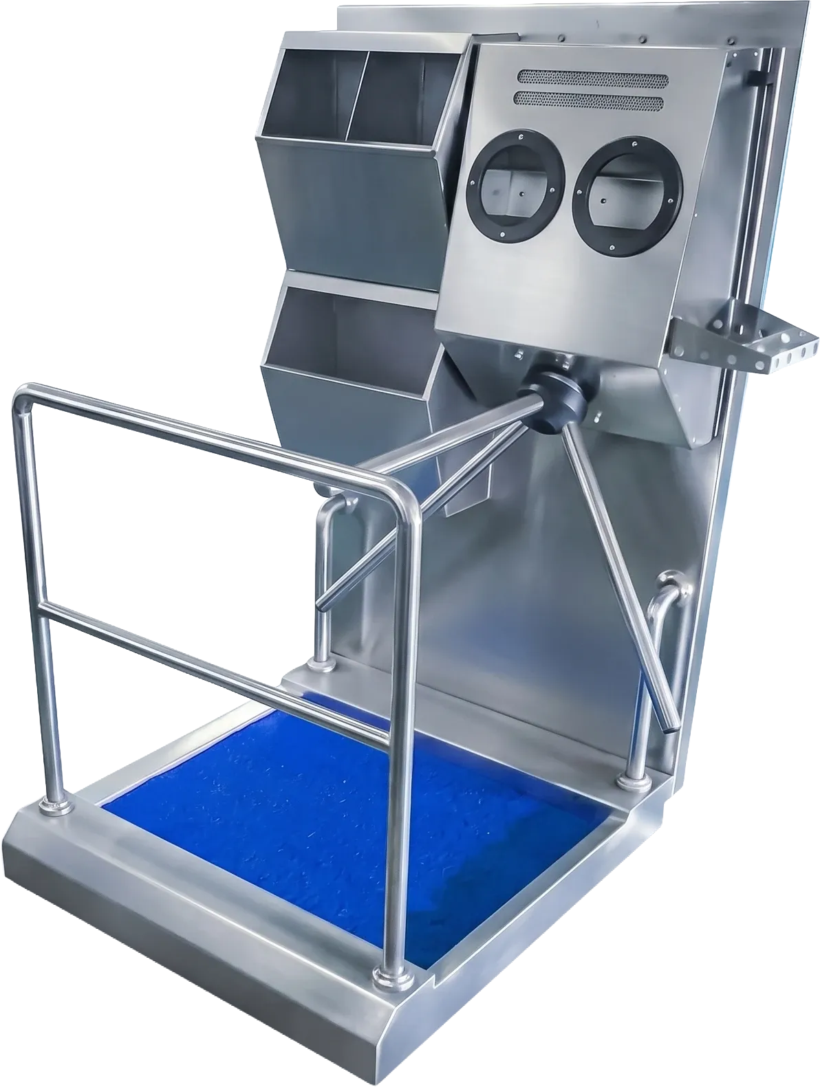 Layout of PPE dispensers, hand disinfection, turnstile and footbath on the HGE-S hygiene station