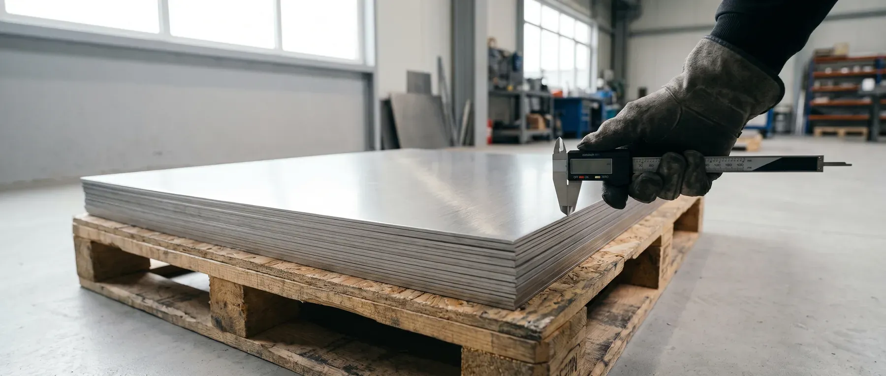Stack of raw brushed AISI 304 stainless steel sheets measured with a digital caliper