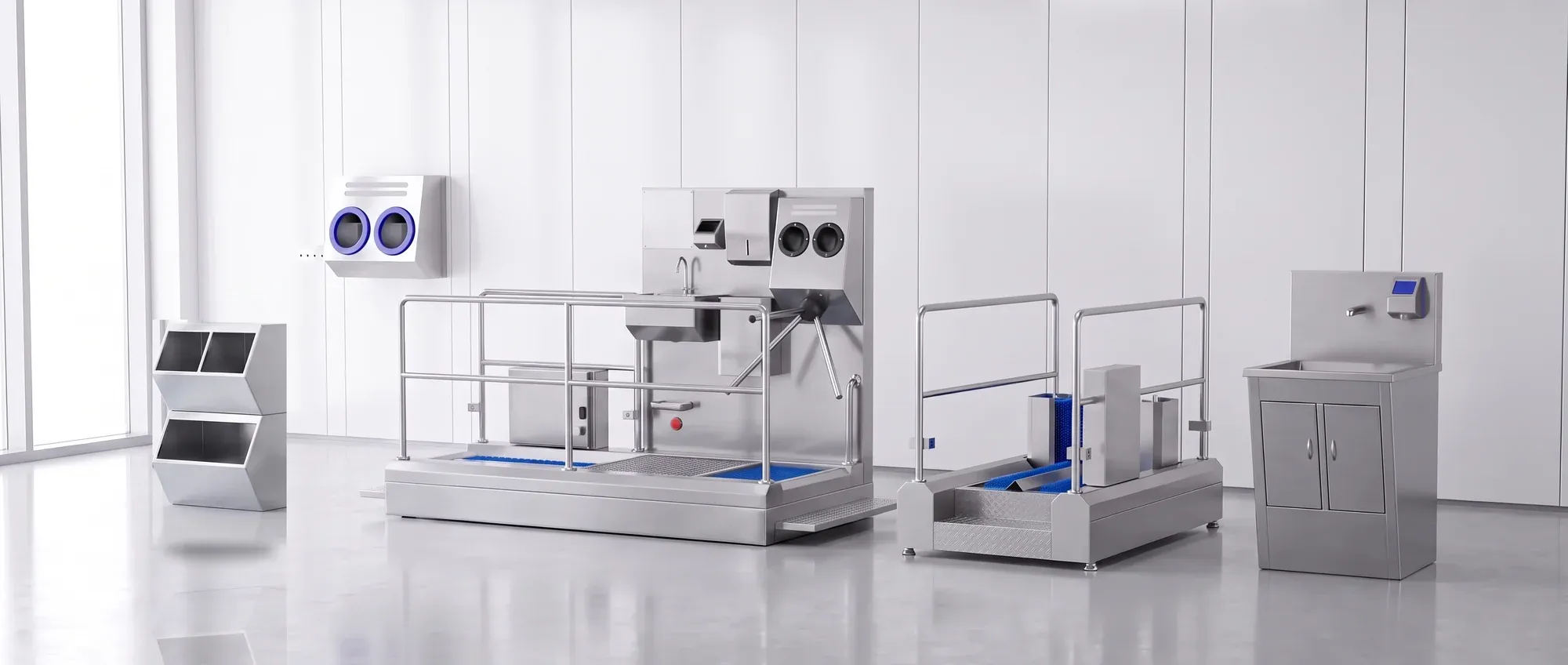 Umran Makine product family in one frame: a BGM dispenser station, a turnstile hygiene barrier with a dual-hand disinfection unit, a boot washer and a touchless sink