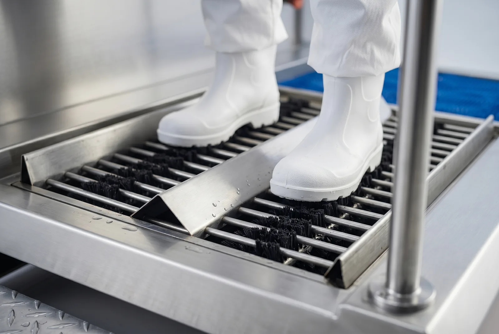 Close view of rotating brushes cleaning the soles of white boots