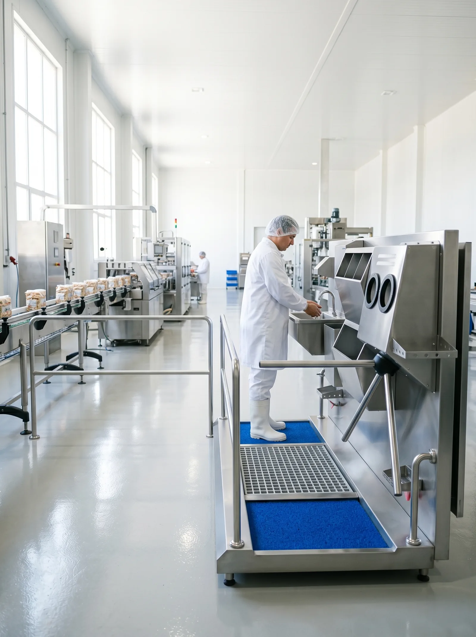 A worker in a white coat and hairnet using a hygiene station in a production corridor