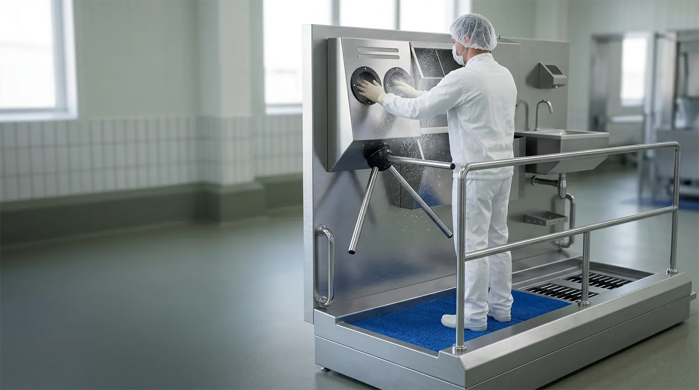 A worker placing both hands into the dual-hand disinfection unit of a hygiene station
