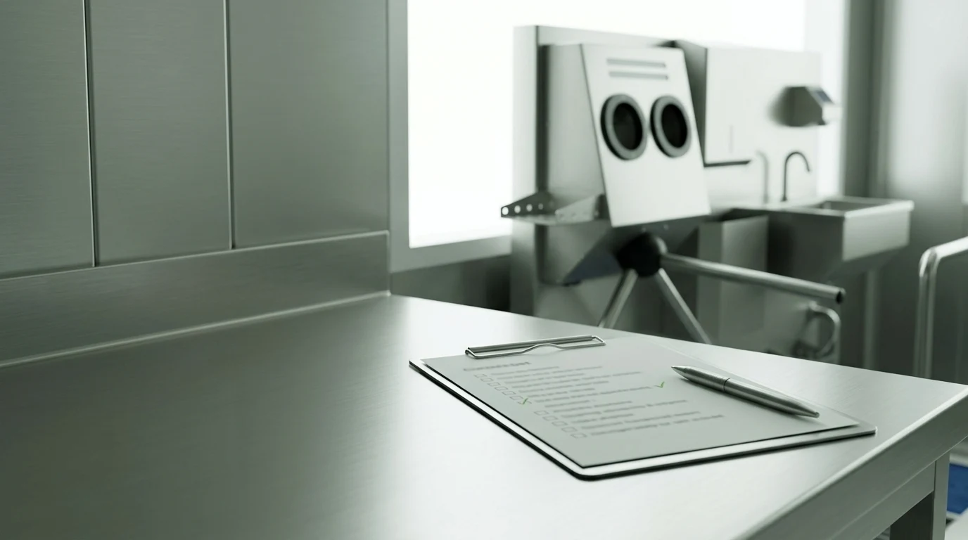 A checklist in front of a hygiene station’s hand-disinfection unit and turnstile