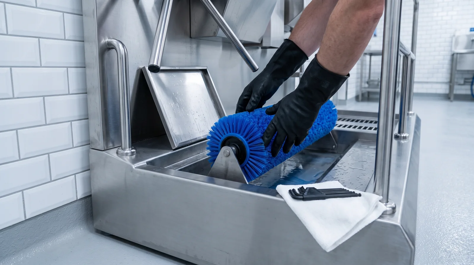 A blue cylindrical brush being removed from the open sole-cleaning section of a hygiene station