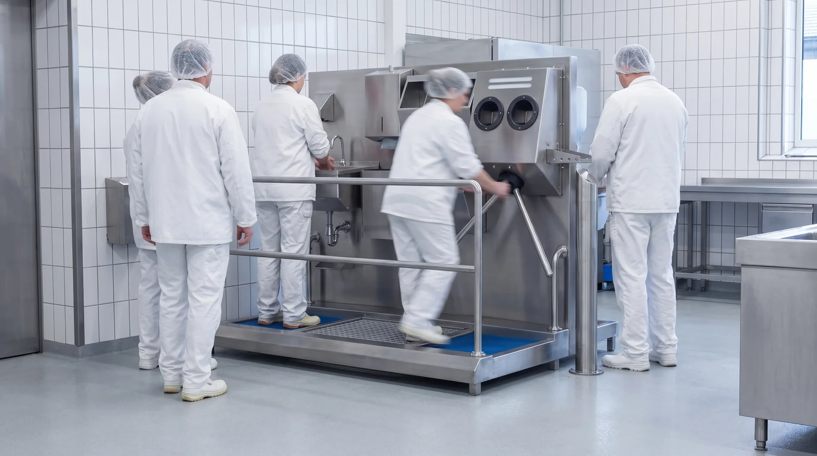 Production staff in white coats gathered around a hygiene station
