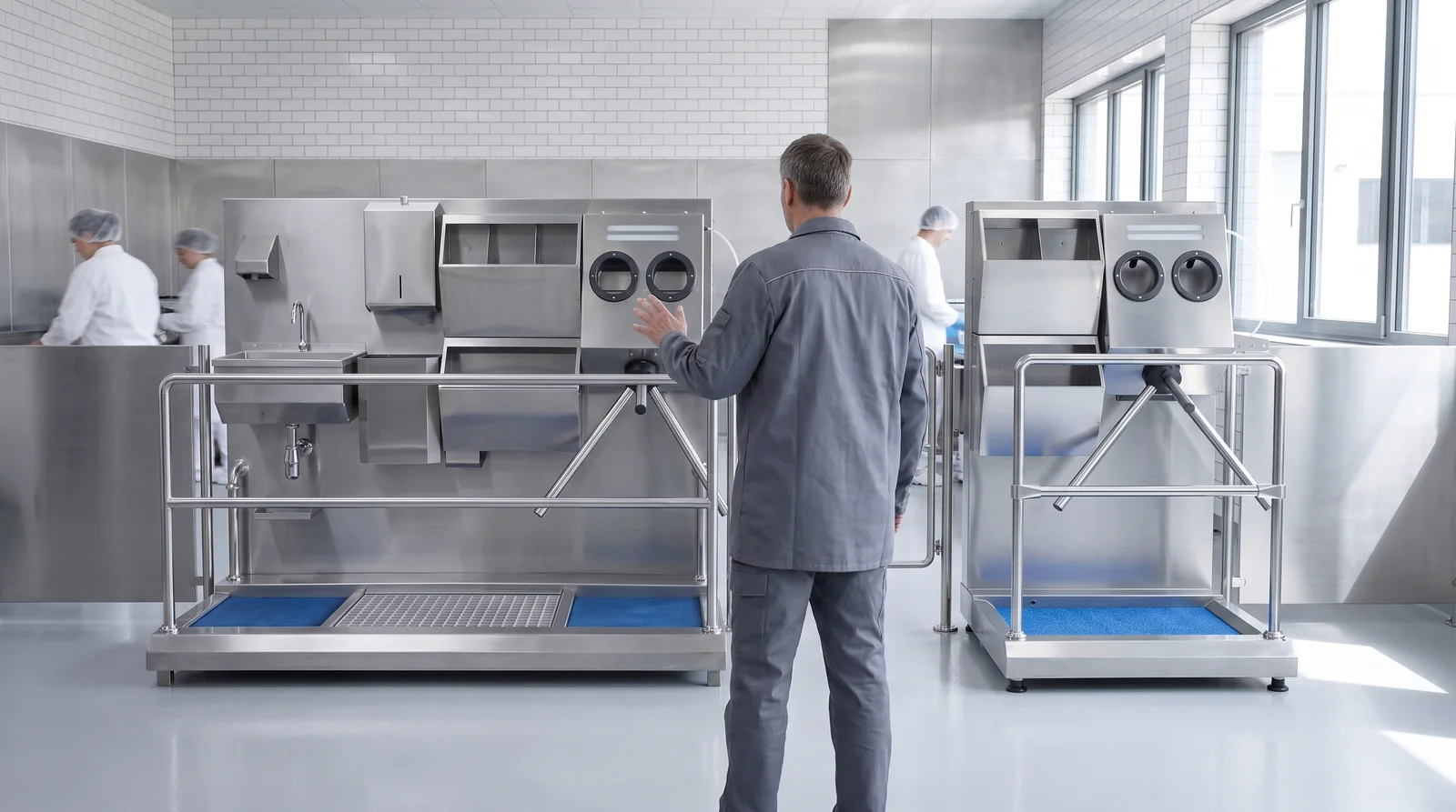 A person inspecting two different hygiene stations placed side by side