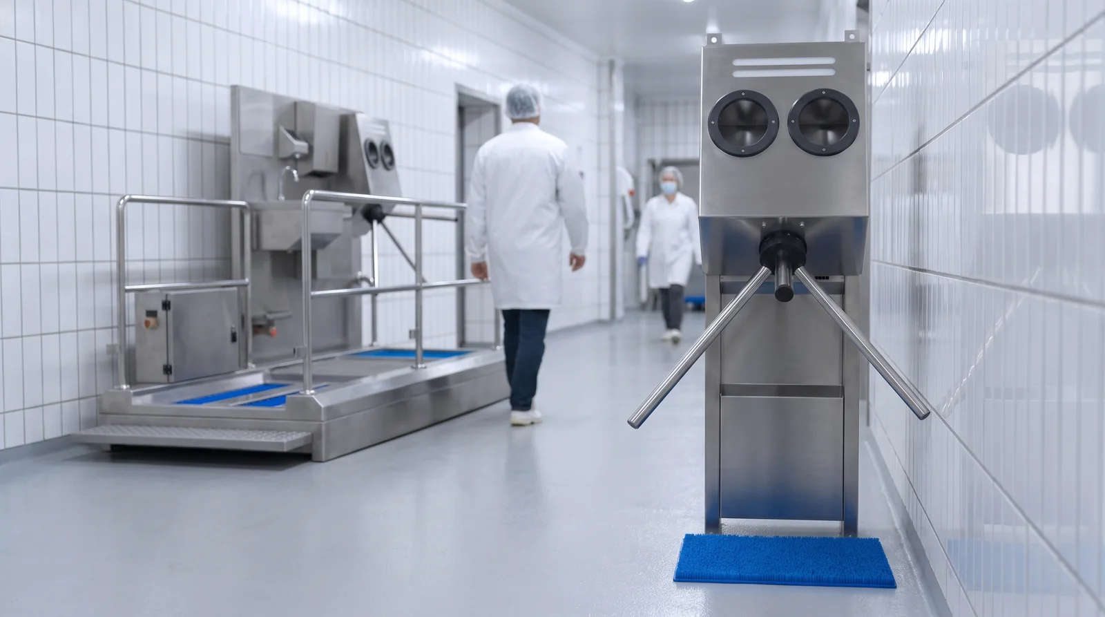 A platform hygiene station and a standalone hand-disinfection turnstile side by side in a corridor