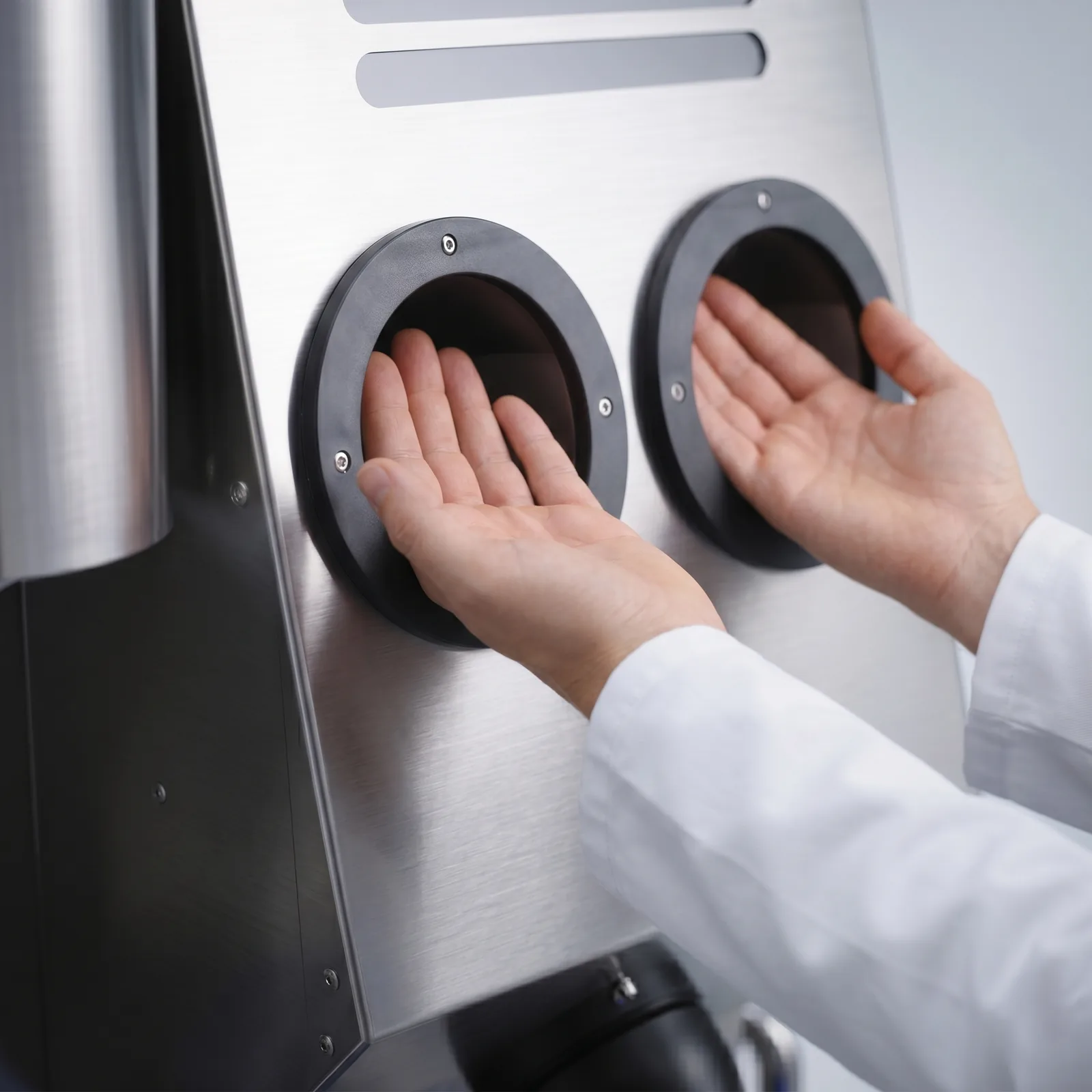 Hands placed into the circular openings of a dual-hand disinfection unit