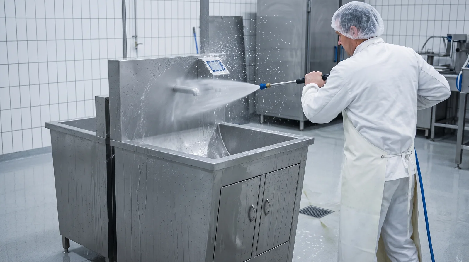 A worker washing stainless steel hygiene equipment with a hose