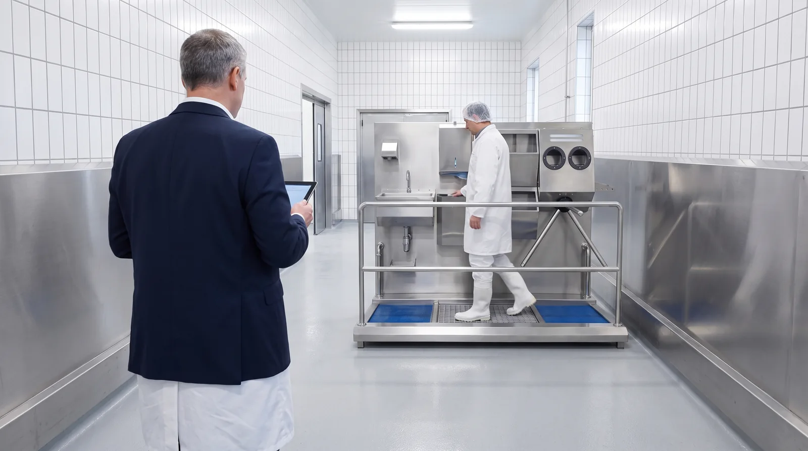 A supervisor with a checklist observing a worker passing through a hygiene station