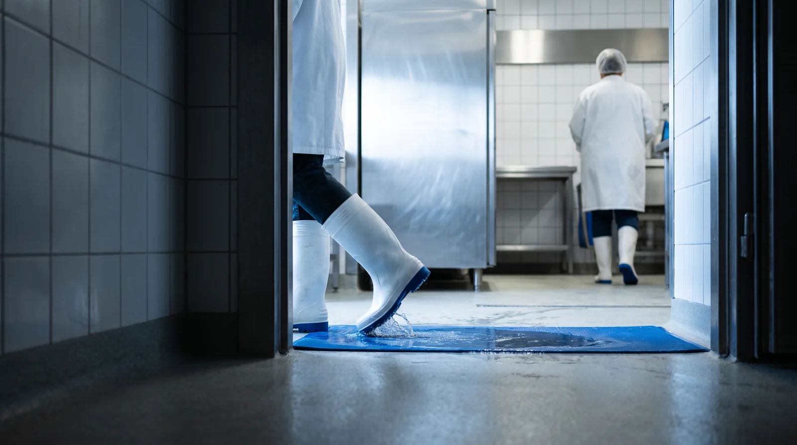 White boots stepping onto a blue mat at a production entrance