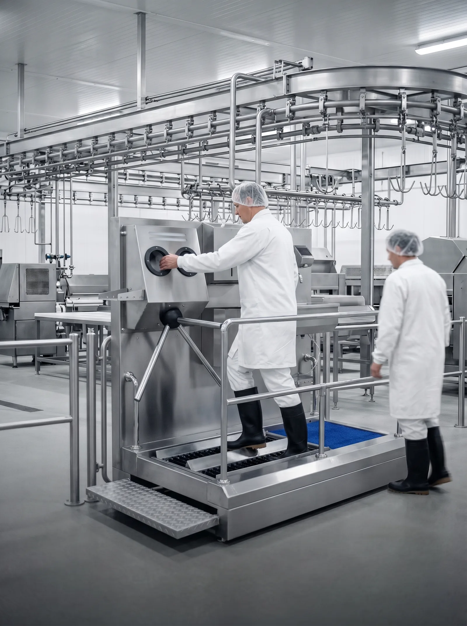 A worker using a hand-disinfection turnstile in a production area with overhead conveyors