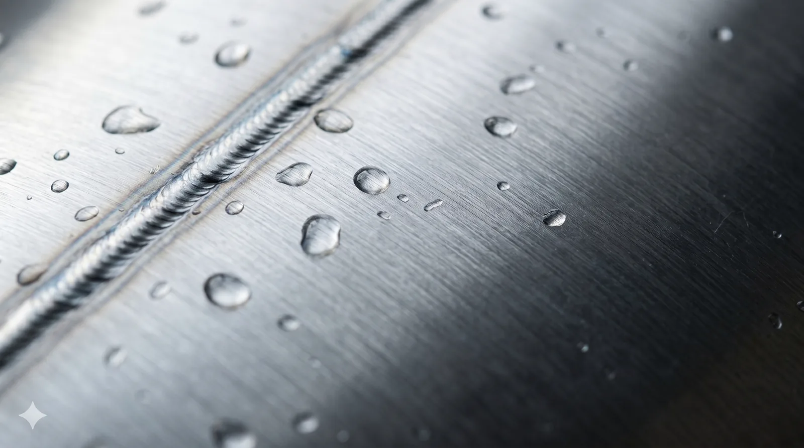 Close view of a weld seam and water droplets on a stainless steel surface
