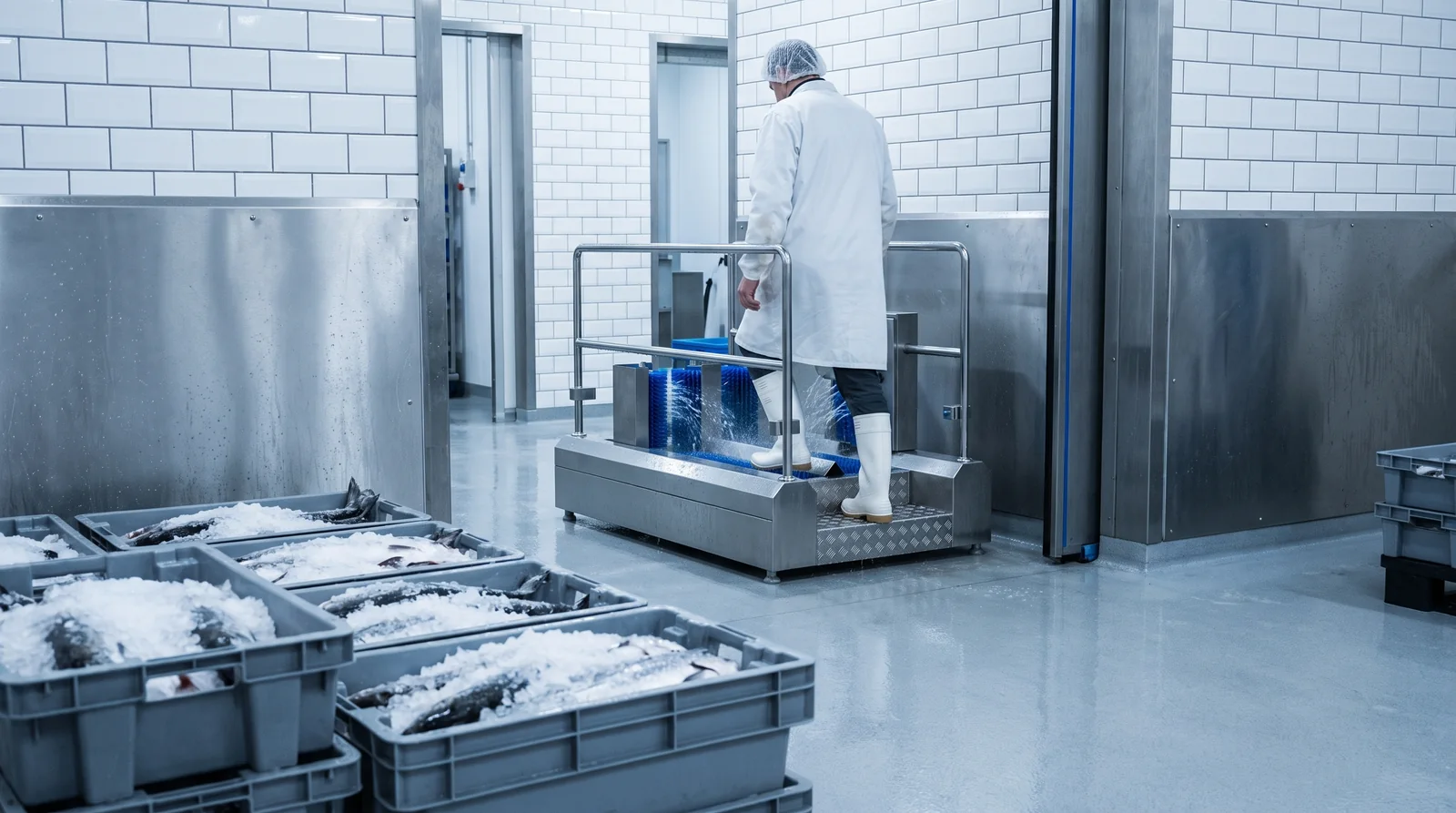 A worker using a hygiene station in a processing area with fish crates