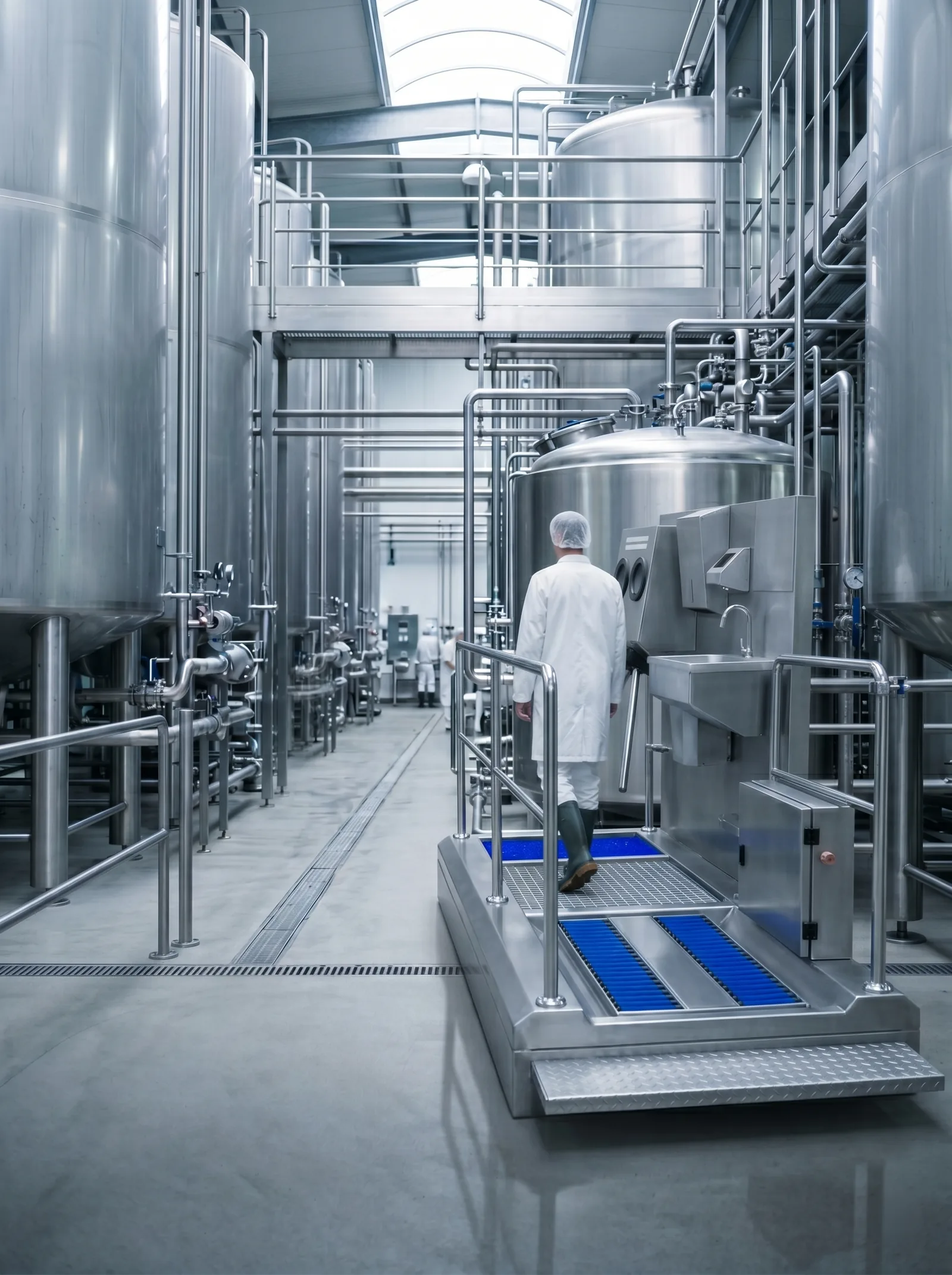 A worker using a hygiene station among stainless steel tanks and pipework