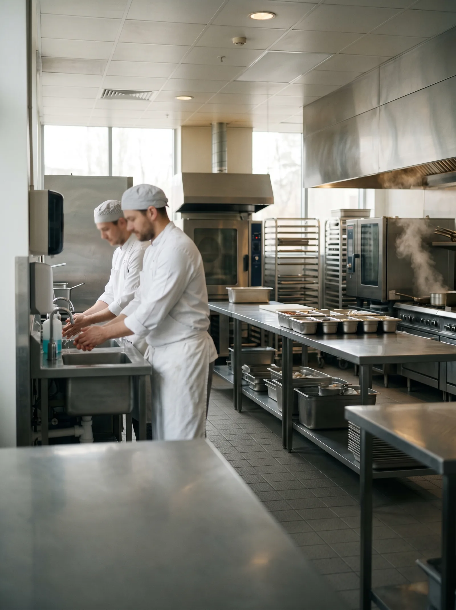 Two chefs washing their hands at a stainless steel sink in an industrial kitchen