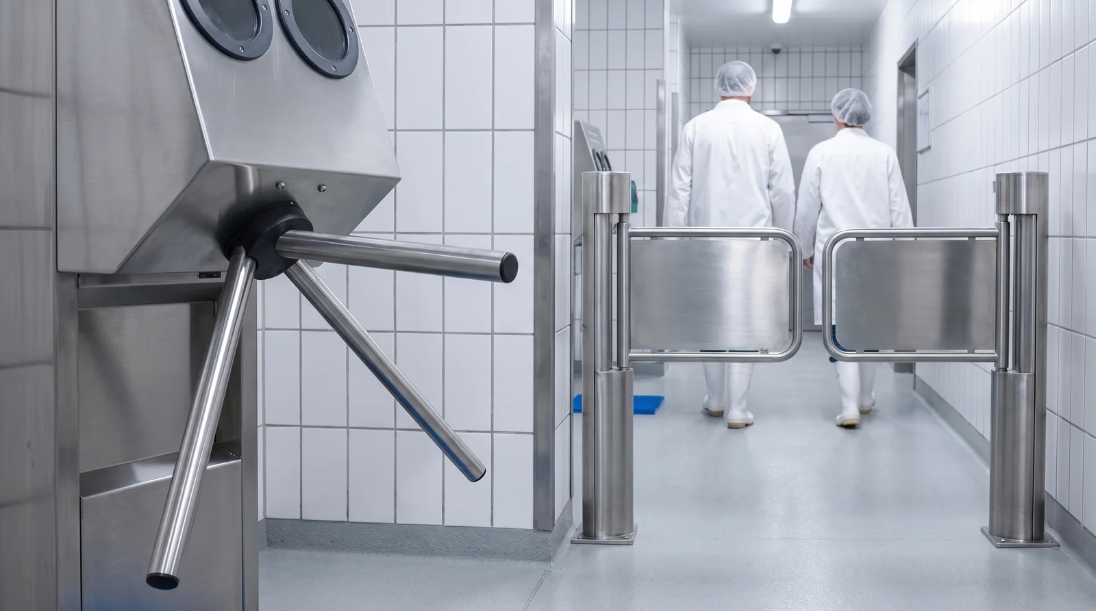 A three-arm turnstile with flap access gates behind it in a personnel corridor
