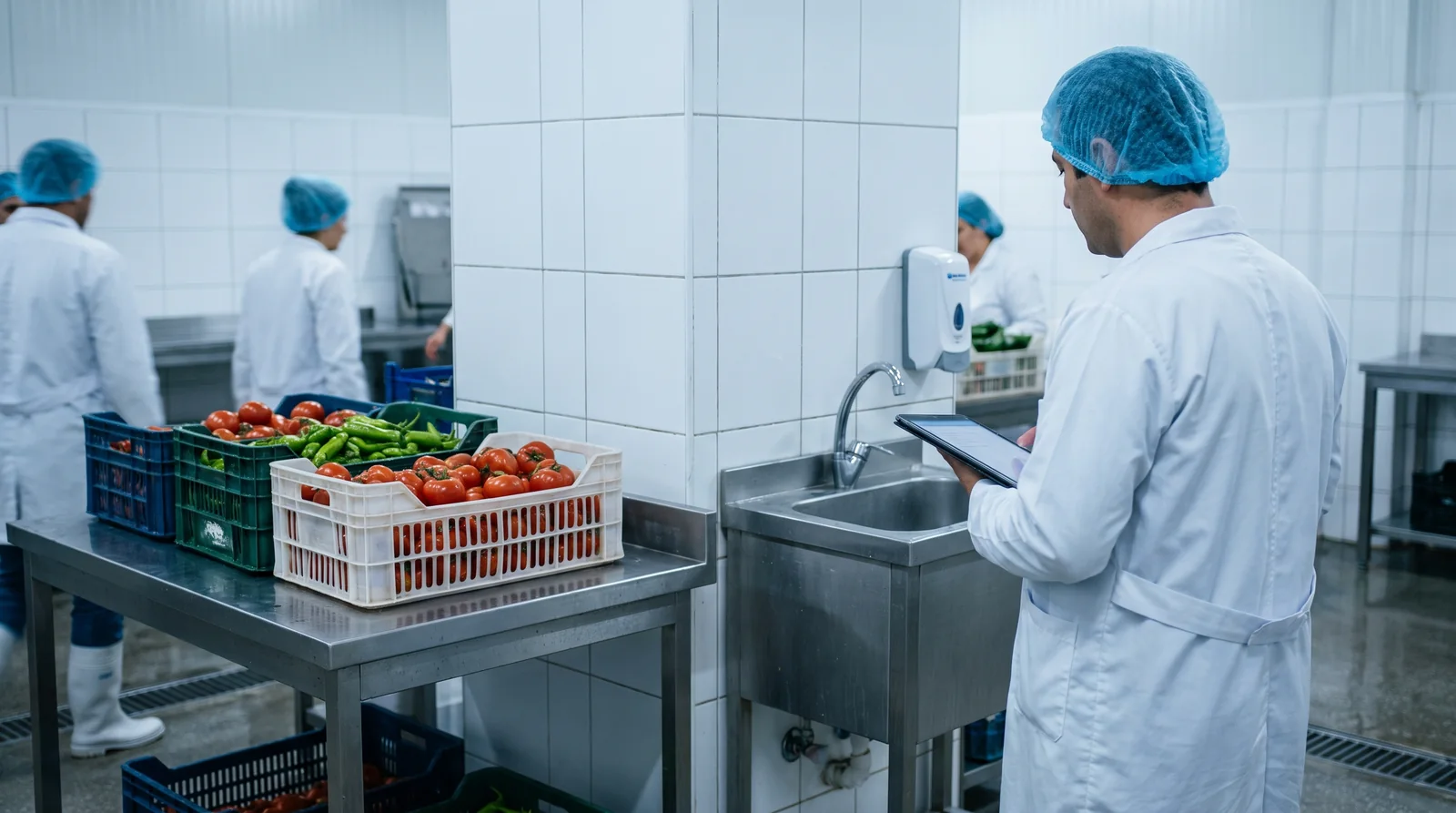 Food-handling staff in coats and hairnets around vegetable crates and a stainless steel worktable