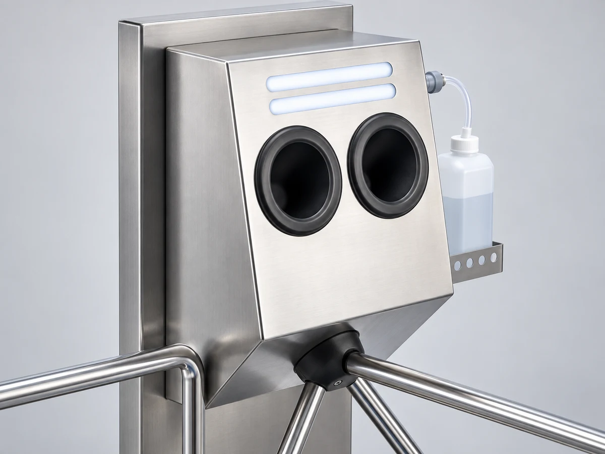Close-up of the DSE-B dual-hand disinfection unit, side disinfectant bottle and turnstile connection