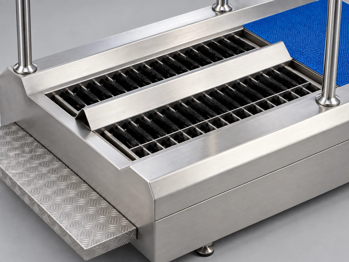 Close-up of the two motorized sole-brushing channels and central stainless steel divider on the DSE-B800 hygiene station