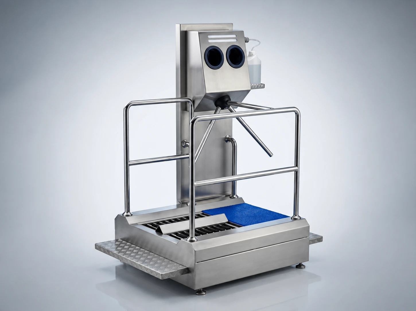 Three-quarter view of the DSE-B hygiene station showing the sole brushes and blue mat