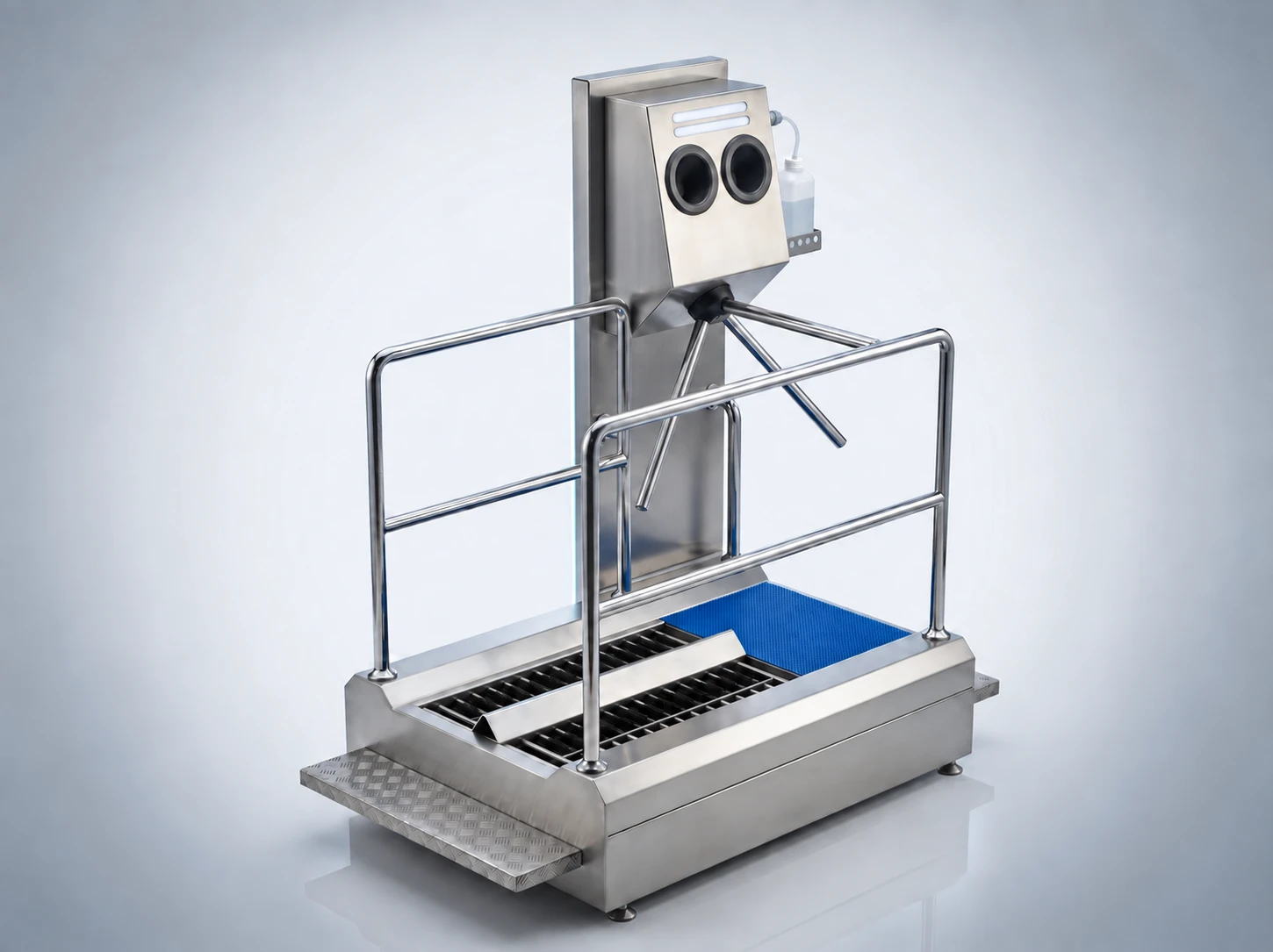 Dual-hand disinfection unit, turnstile and passage platform on the DSE-B brush hygiene station