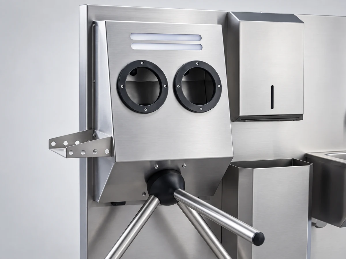 A stainless steel disinfection unit with two circular hand openings