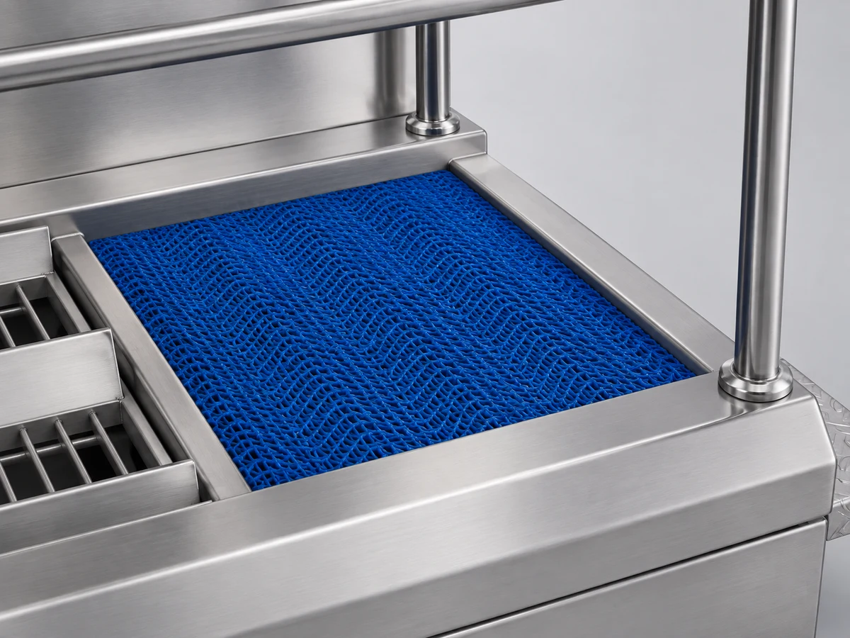 A blue moisture-removal mat in a stainless steel tray