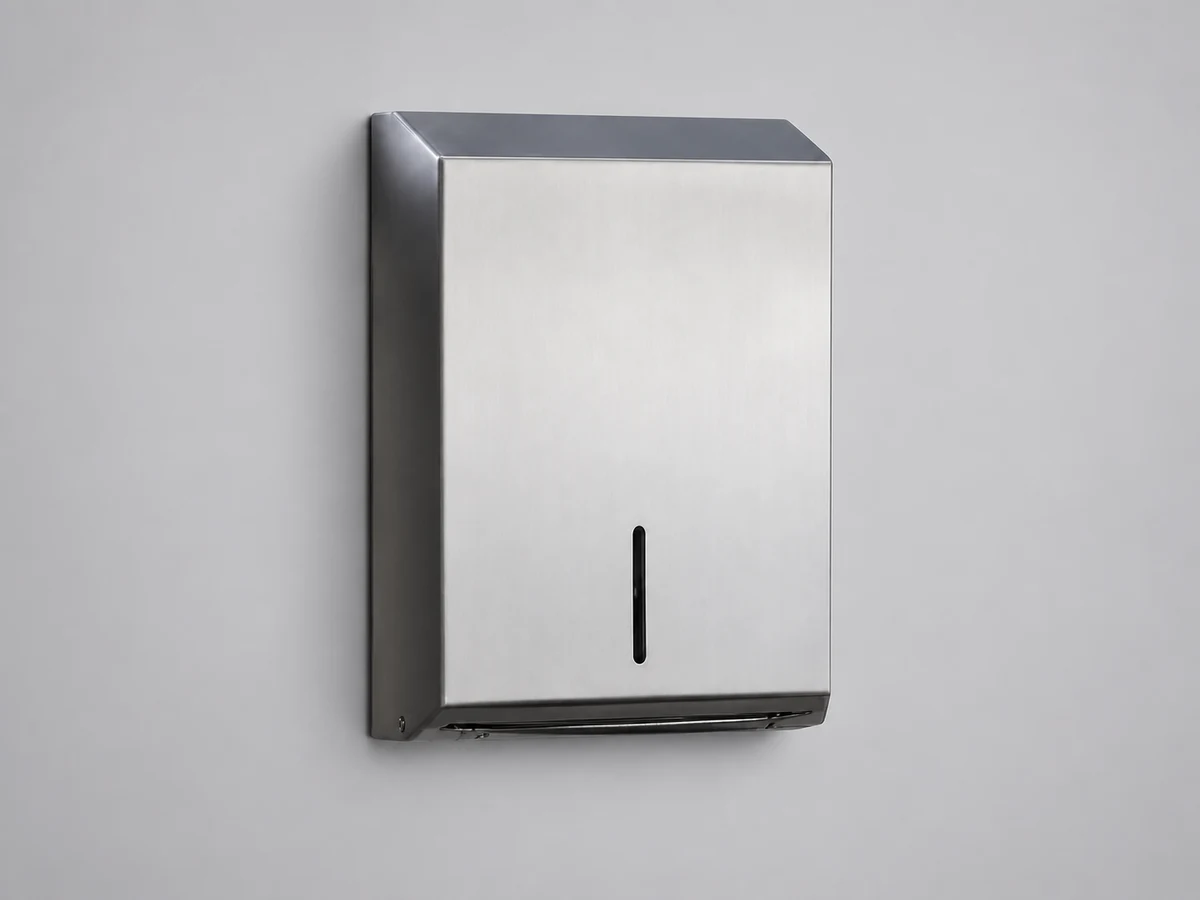 A stainless steel Z-fold paper-towel dispenser with a level window