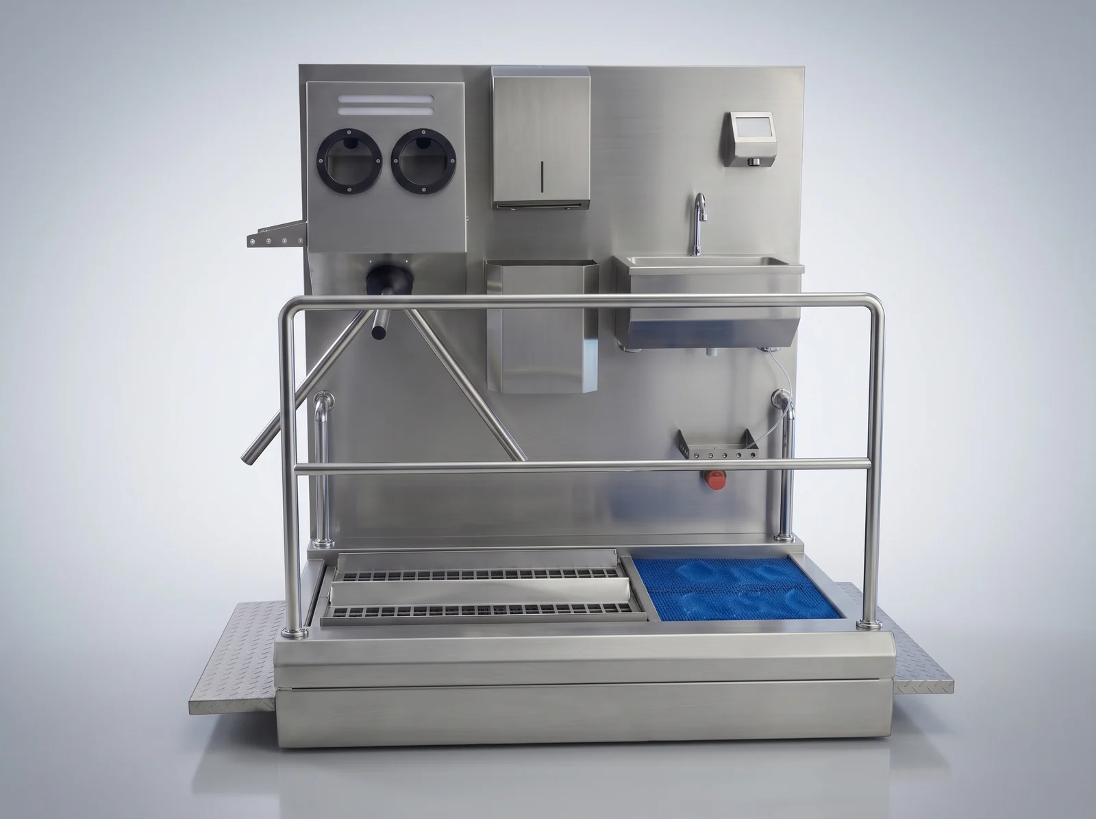 Front view of the DSE-EB hygiene station showing the sink, hand disinfection and brush platform