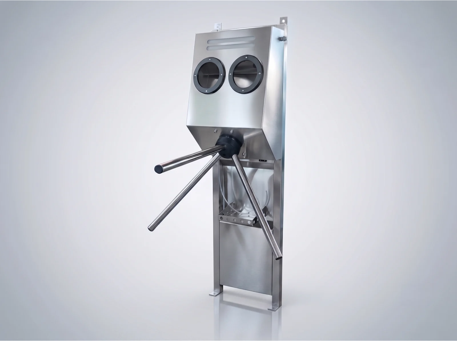 Stainless steel housing and three-arm access mechanism of the DSE dual-hand disinfection turnstile