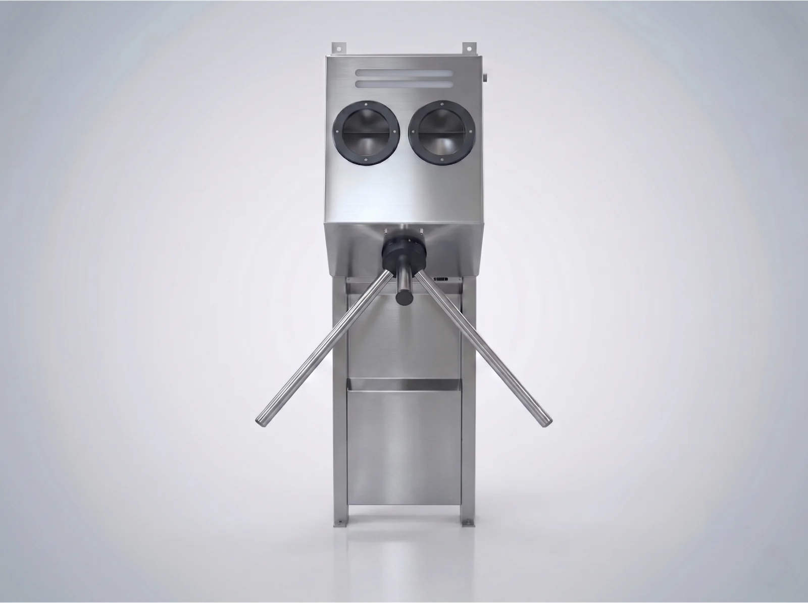Front view of the DSE disinfection turnstile’s two hand openings and three-arm mechanism