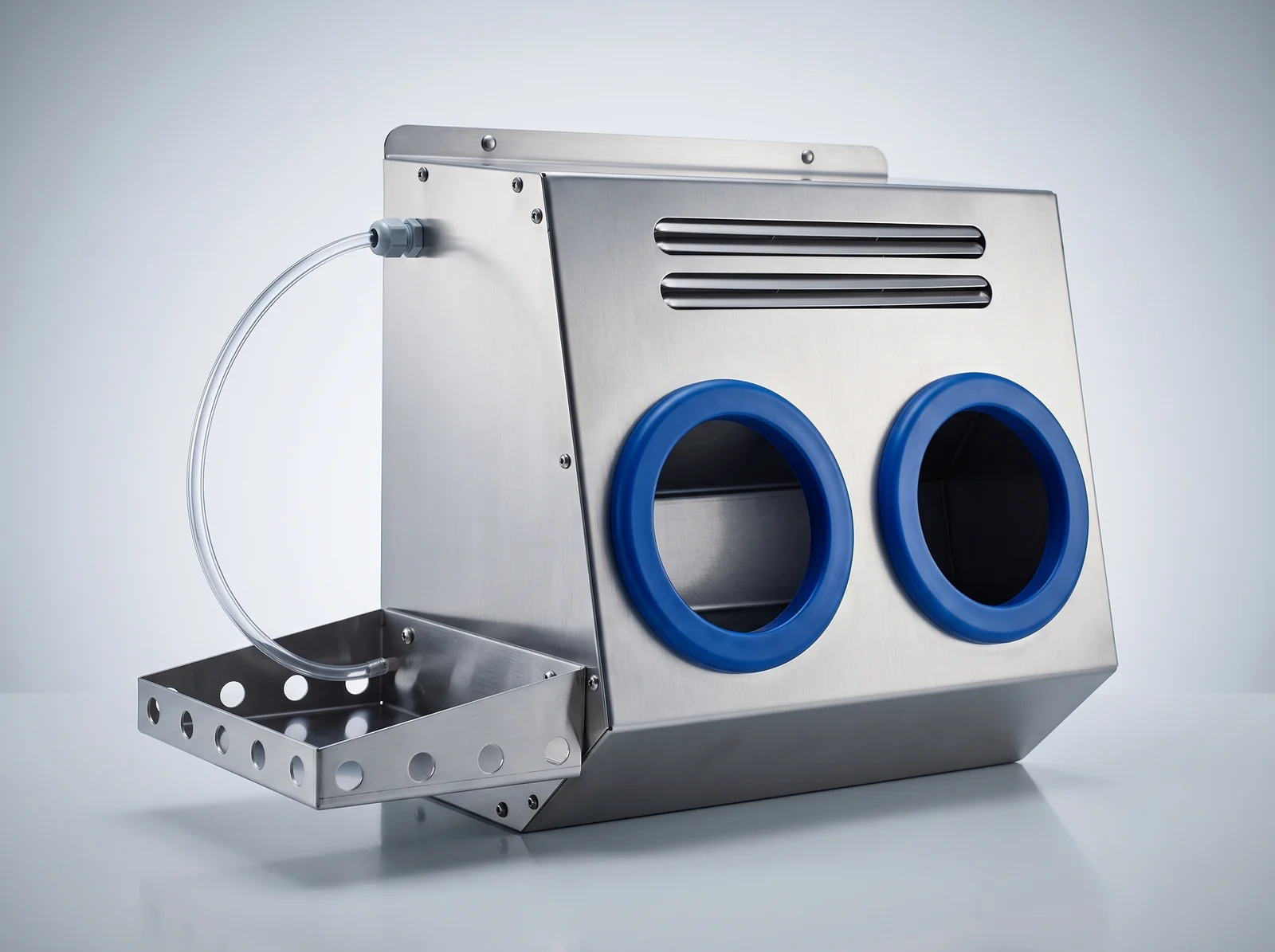 Blue-ringed hand openings and side bottle holder on the DSS dual-hand disinfection unit