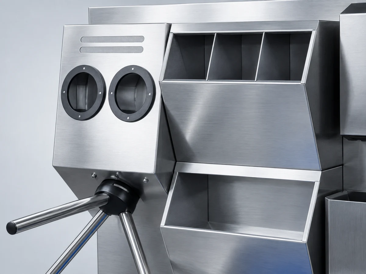 Close view of a stainless steel disinfection unit with two circular hand openings