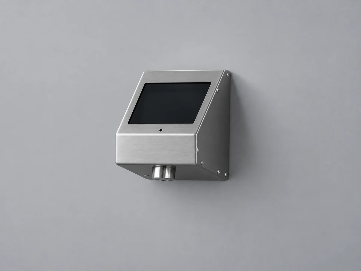 A stainless steel liquid soap dispenser with a front sensor window and lower outlet