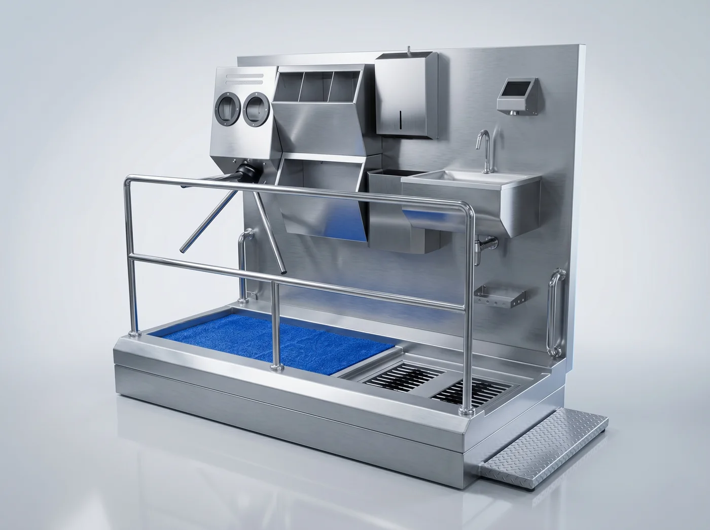 HGB-L hygiene station with a sink, PPE dispensers, sole brushes and a blue mat