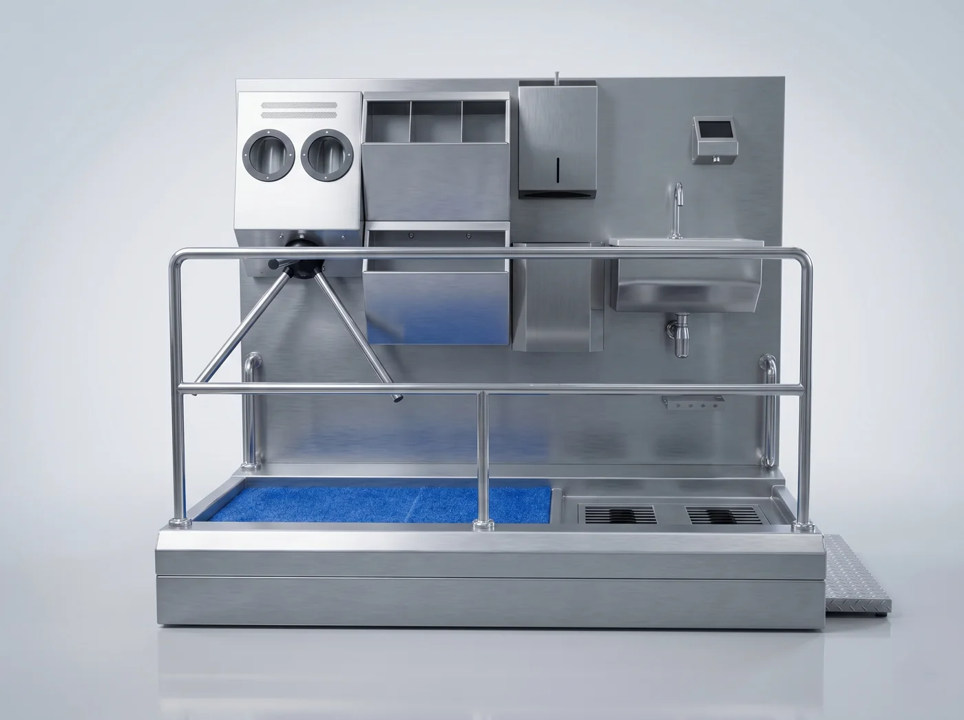 Front view of the HGB-L hygiene station showing the sink, PPE dispensers and brush passage