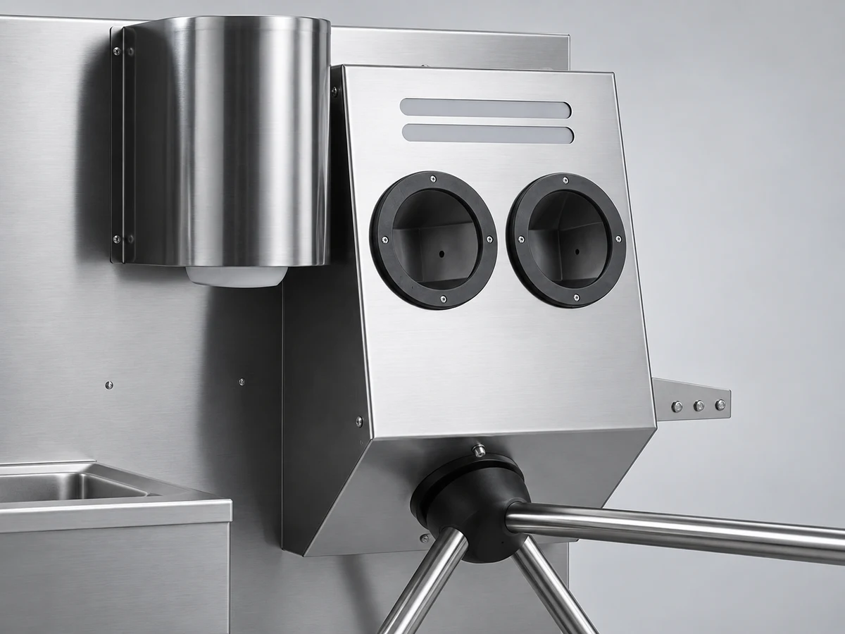 A stainless steel dual-hand disinfection unit with two circular hand openings