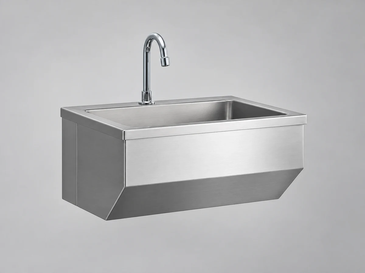 A single-bowl stainless steel handwashing sink with a curved tap