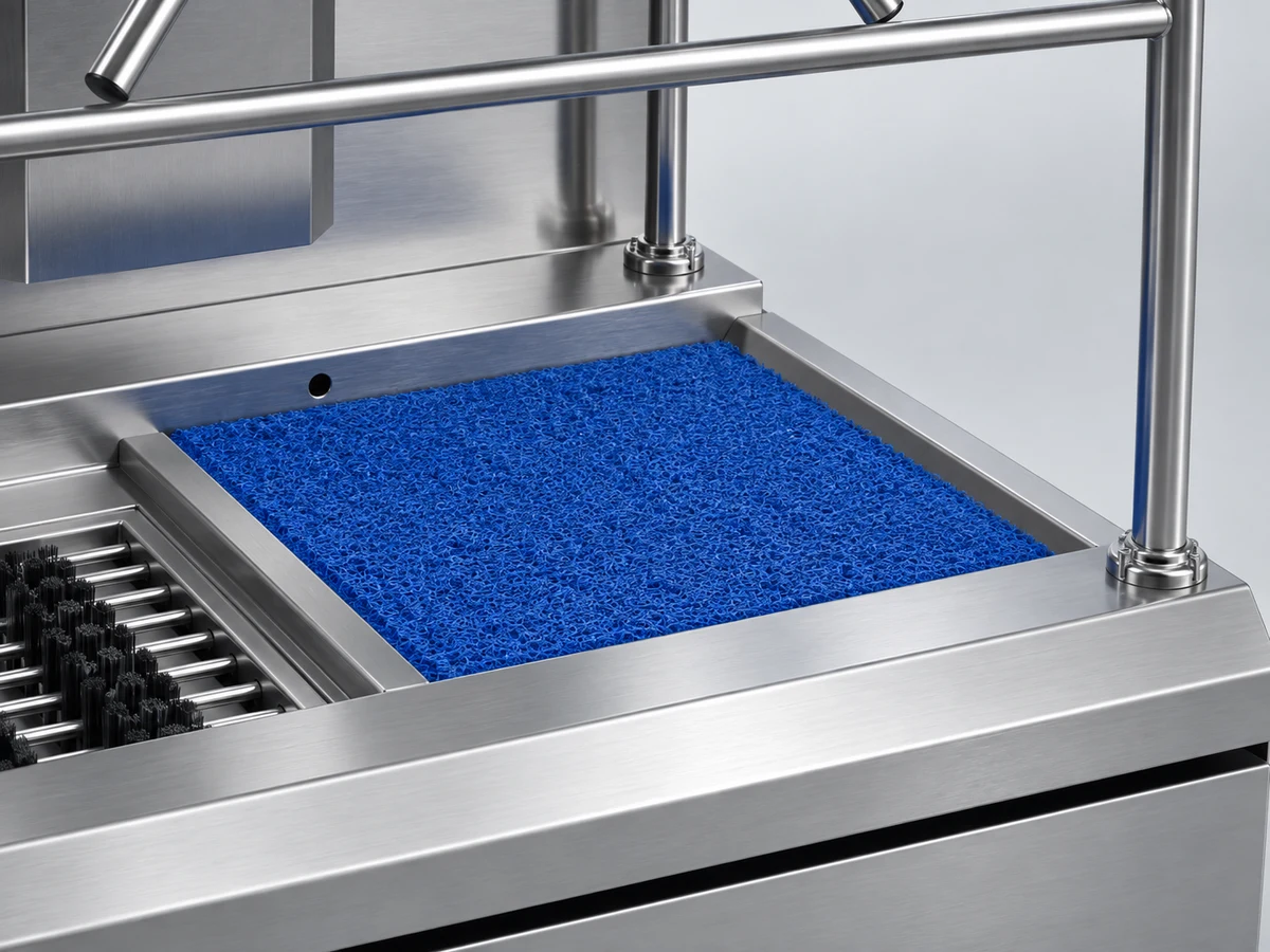 A blue moisture-removal mat fitted in a stainless steel tray